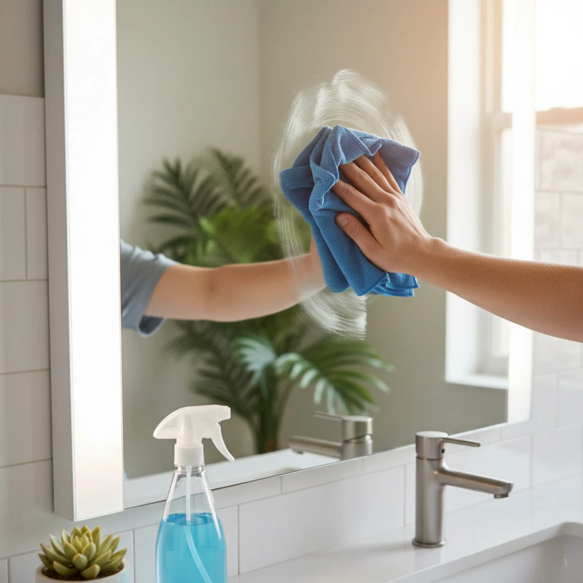 Leon Maid team member polishing a bathroom mirror