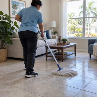 Leon Maid team member cleaning a living room floor